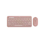 Top-down view of the rose-colored Logitech Pebble 2 Combo featuring a compact round-key keyboard and matching slim mouse on a white background.
