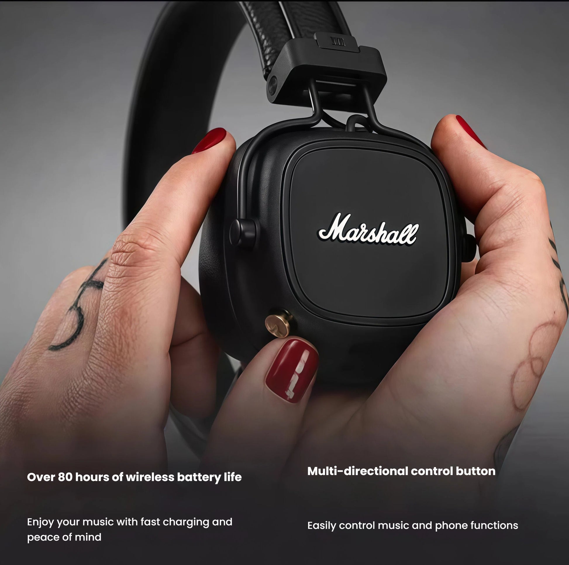 Detailed close-up of Marshall Major IV earcup showing multi-directional control button, gold accent, and text highlighting over 80 hours of wireless battery life with fast charging support.