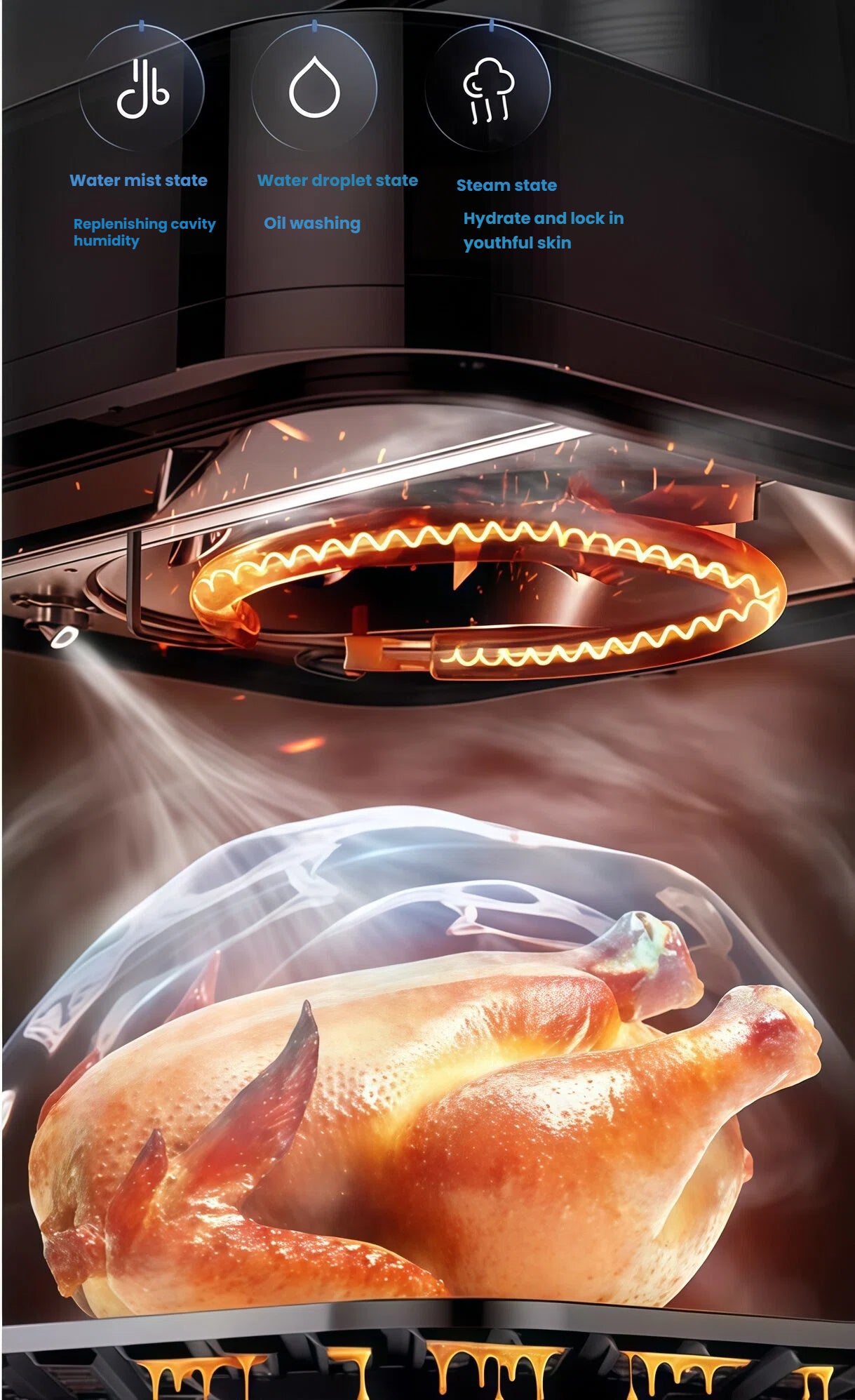  A close-up of a whole chicken being cooked in the Midea Air Fryer, illustrating the 3D water mist and steam technology that hydrates food to lock in moisture for perfectly tender and juicy results.