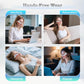 Woman using NNEOBA EMS microcurrent eye massager in various settings: working at laptop, relaxing on sofa, sleeping, and staying up late — demonstrating hands-free, wearable comfort during daily activities.