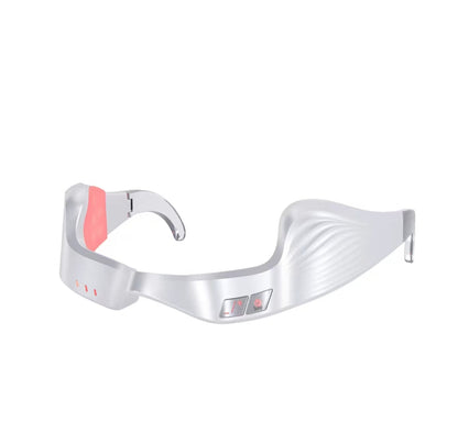 Front view of NNEOBA EMS microcurrent eye massager in white color featuring red LED indicators, adjustable intensity buttons, and ergonomic design for comfortable wear.