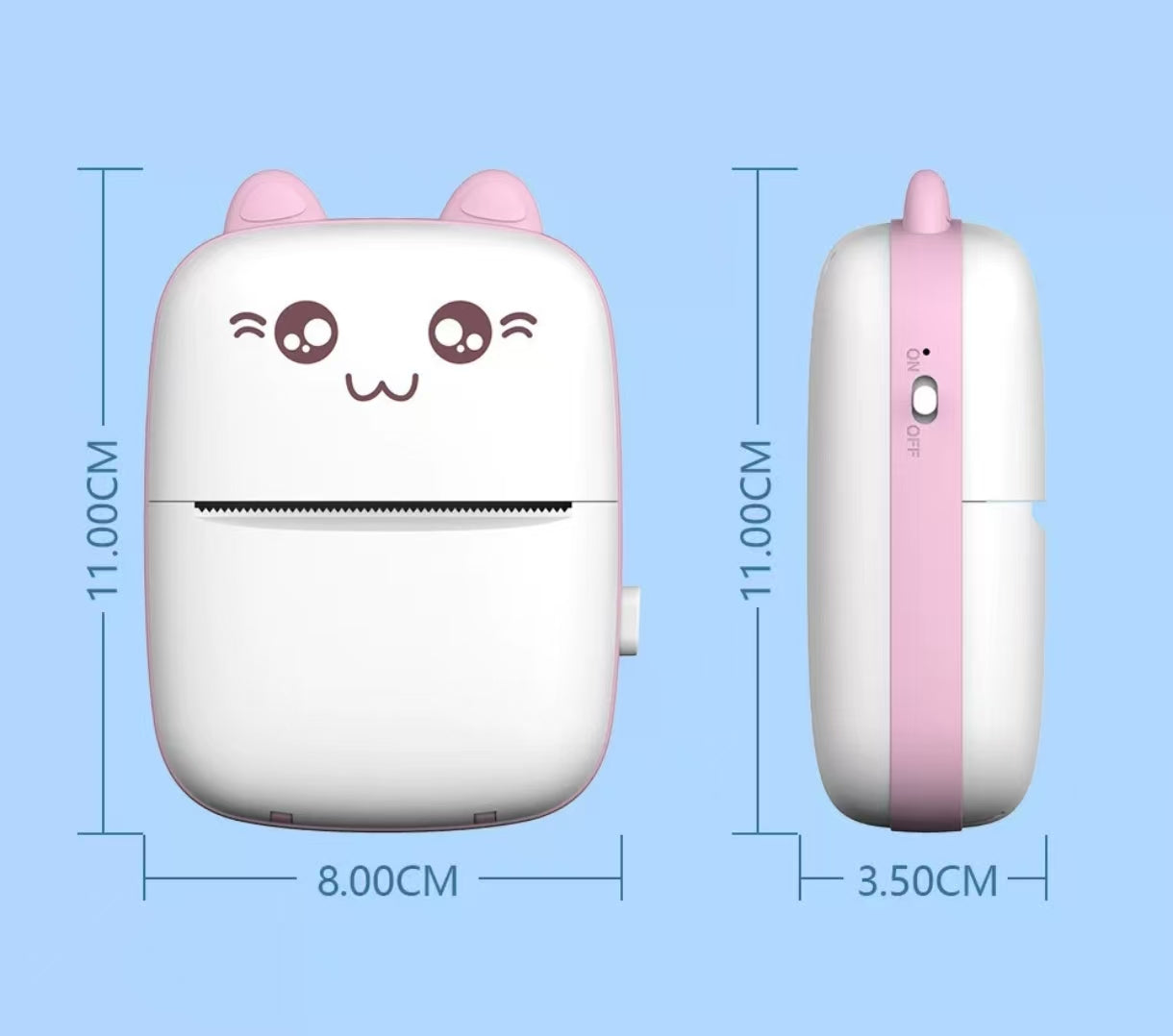 Technical diagram showing dimensions of NNEOBA portable thermal printer: 11.00cm height, 8.00cm width, and 3.50cm depth. Lightweight and pocket-sized for easy portability anywhere.