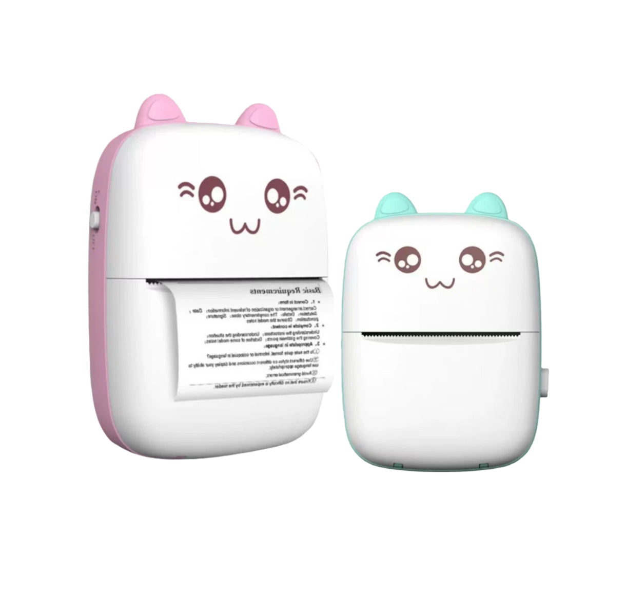 Side-by-side comparison of NNEOBA portable thermal mini printer in pink and mint cat designs. One model shows printed receipt output. Perfect for personal notes, labels, or photos—no ink required.