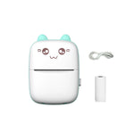 Front view of NNEOBA portable thermal mini printer in mint green cat design. Includes USB-C charging cable and 57mm thermal paper roll. Compact, wireless, and ink-free for instant printing on the go.