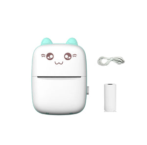Front view of NNEOBA portable thermal mini printer in mint green cat design. Includes USB-C charging cable and 57mm thermal paper roll. Compact, wireless, and ink-free for instant printing on the go.