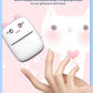 NNEOBA mini printer held in hand against pink background with cartoon cat illustration. Compact and adorable design makes it an ideal gift for girlfriend, best friend, or student.
