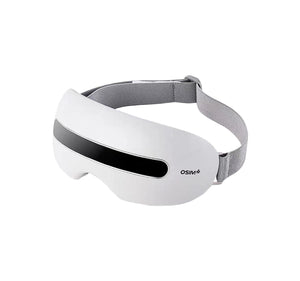 Front view of the OSIM Lite Eye Massager in white and grey, featuring a minimalist design with an adjustable headband. The compact, wireless eye care device is ideal for relieving digital eye strain and promoting relaxation.