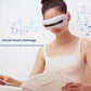 A woman wearing the OSIM Lite Eye Massager while reading a book, surrounded by musical notes. The device provides soothing vibration therapy without blocking vision, allowing users to relax their eyes while staying productive.