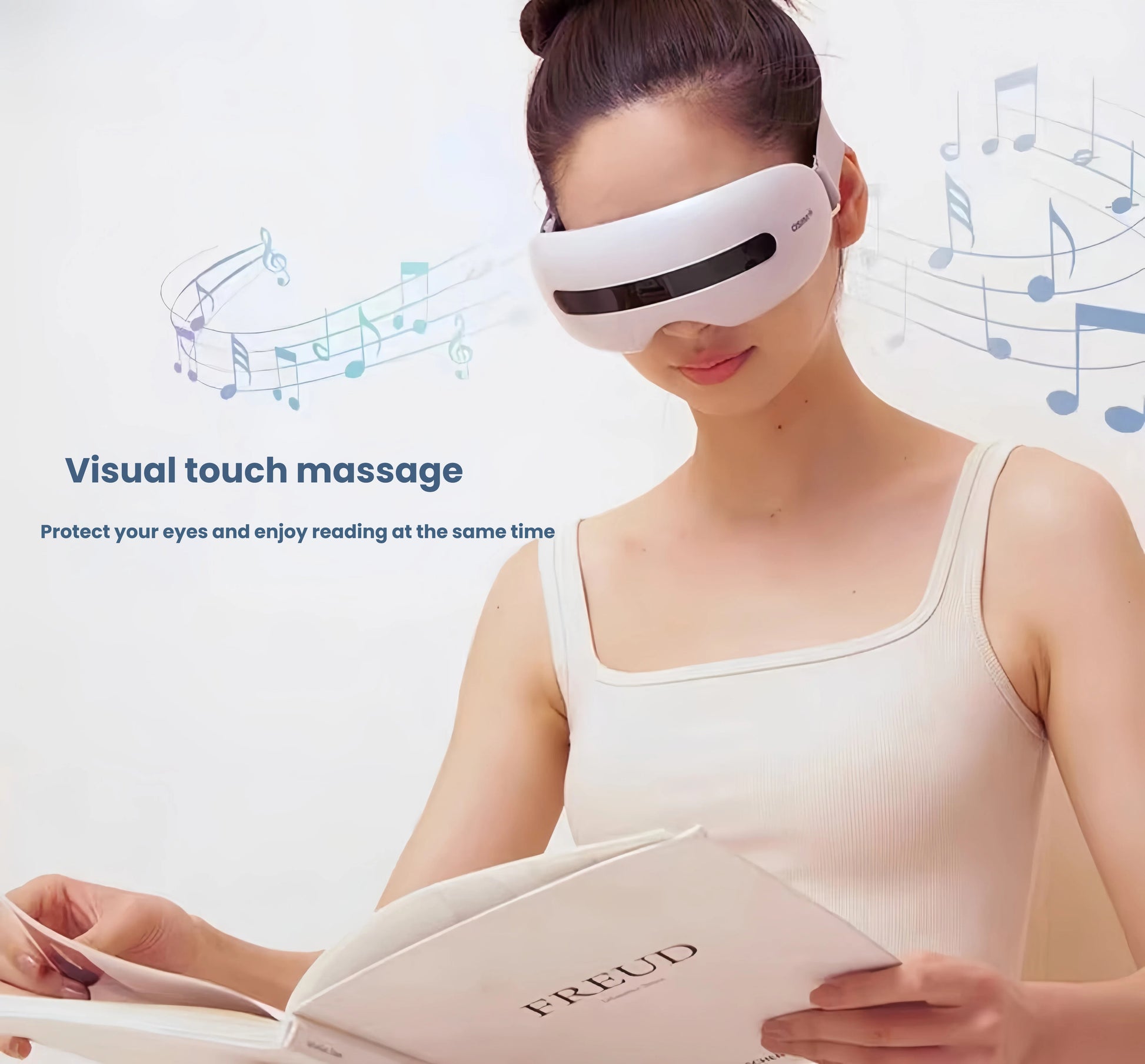 A woman wearing the OSIM Lite Eye Massager while reading a book, surrounded by musical notes. The device provides soothing vibration therapy without blocking vision, allowing users to relax their eyes while staying productive.