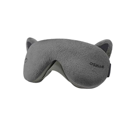 Grey OSIM uMask eye massager with soft cat ears and breathable fabric. Designed for comfort, light blocking, and gentle vibration massage to ease eye fatigue and support peaceful sleep.