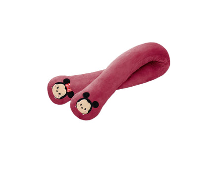 A red plush OSIM uSnooz massage wrap featuring Minnie Mouse faces on both ends. The soft, wearable neck pillow is designed for comfort and relaxation, ideal for travel or home use.