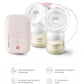 Philips Avent double breast pump featuring intimate milk spray technology and fast absorption design. Includes 8–16 adjustable suction levels and no need to lean forward during use.