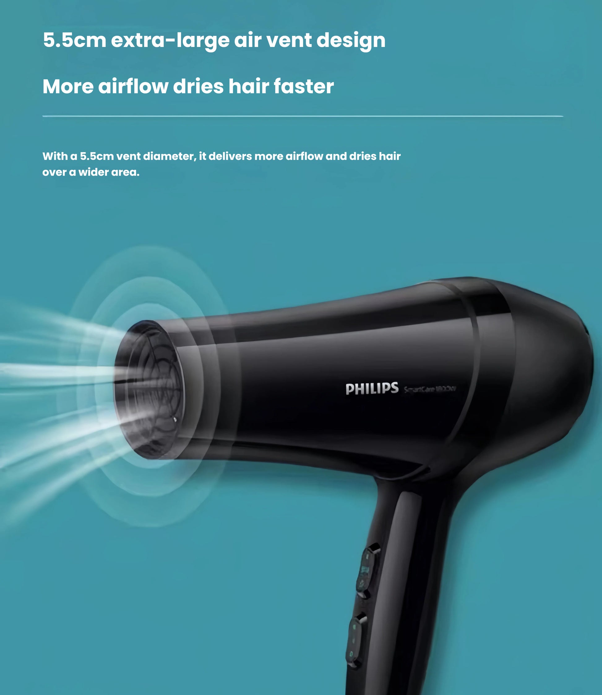 Philips DryCare Pro hairdryer featuring a 5.5cm extra-large air vent design that delivers powerful airflow for faster, wider-area hair drying.