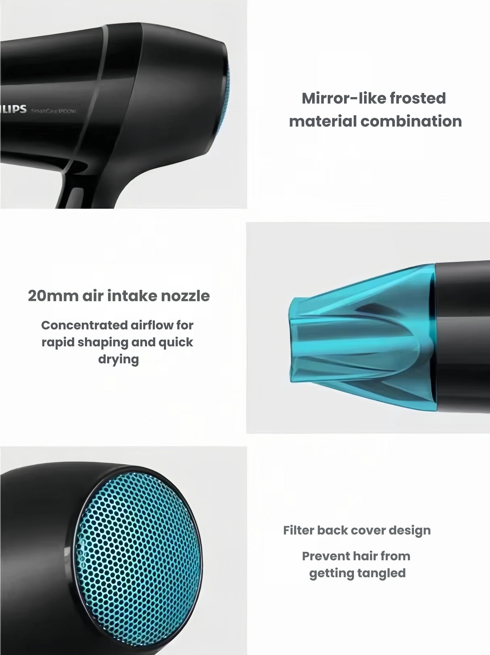 Philips DryCare Pro hairdryer with mirror-like frosted material, 20mm concentrated air intake nozzle for styling, and filter back cover to prevent hair tangling.