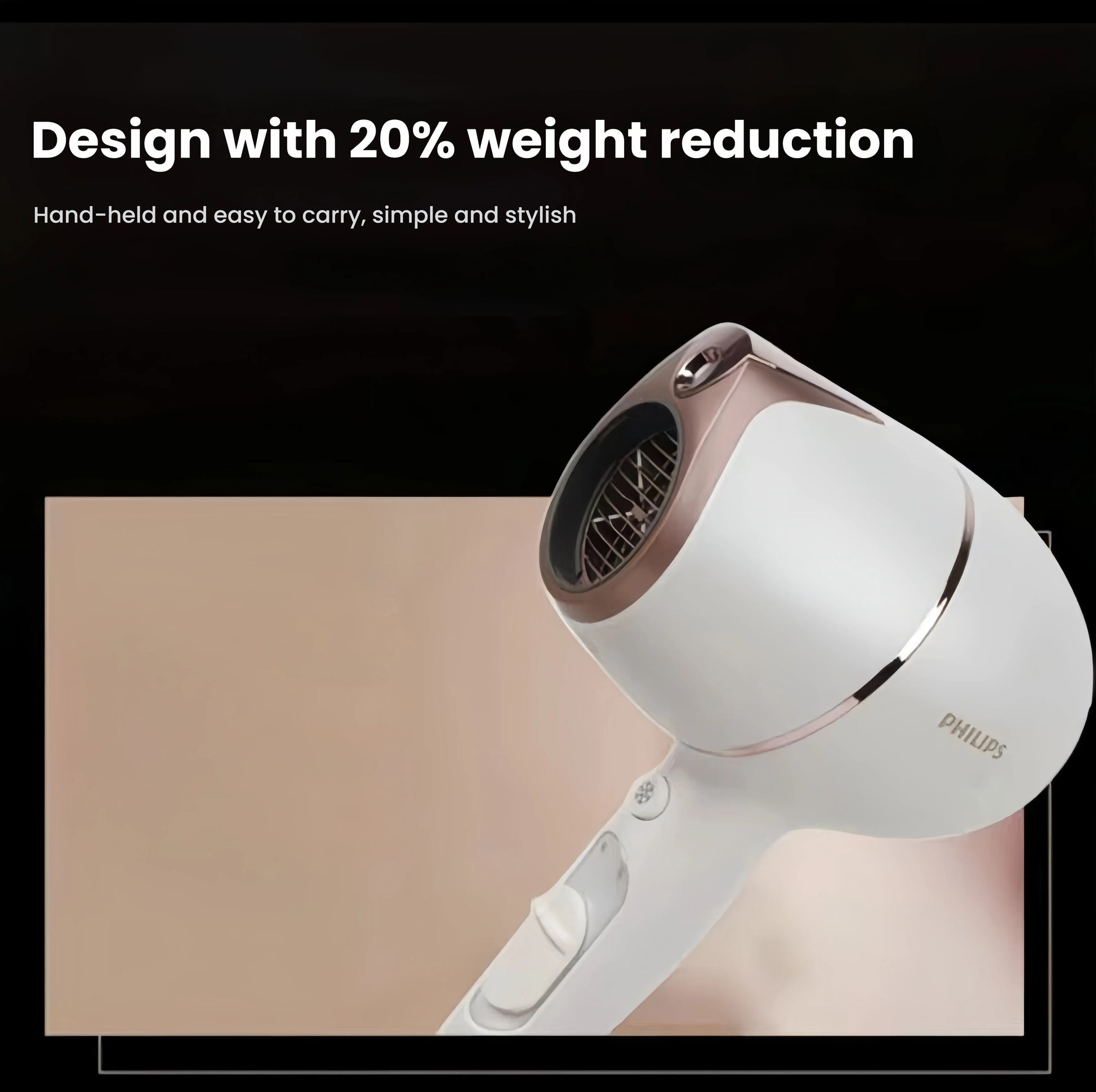 Close-up of the lightweight Philips Prestige hair dryer with 20% reduced weight, designed for comfortable handheld use and easy portability.