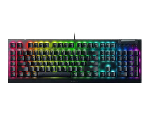 Front view of the Razer BlackWidow V4 X full-size mechanical gaming keyboard featuring vibrant Razer Chroma RGB backlighting, black matte finish, and illuminated keycaps with red, green, blue, and purple hues across the spectrum.
