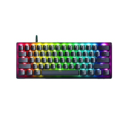 Front view of the Razer Huntsman V3 Pro Mini gaming keyboard in black, featuring vibrant rainbow RGB backlighting across all keys. Ultra-compact 60% form factor with optical mechanical switches, ideal for esports and desk space efficiency.
