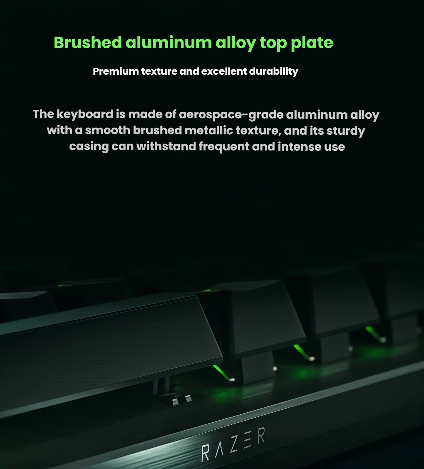 Detail shot of the Razer Huntsman V3 Pro Mini’s brushed aluminum alloy top plate, showcasing premium texture and aerospace-grade durability. Built for long-term performance under heavy use.