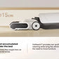 A demonstration of the Roborock Flexi Lite's FlatReach™ technology, showing the low-profile head cleaning accumulated dust under a bed with a 15cm clearance.