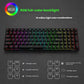 Front view of the Royal Kludge RK100 keyboard featuring vibrant RGB full-color backlighting with 16 million color combinations. The image includes onboard control shortcuts for adjusting brightness, speed, and mode using Fn + key combinations, perfect for customizable lighting effects.