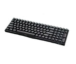 Full front view of the Royal Kludge RK100 mechanical keyboard in black with blue mechanical switches. This wireless keyboard features a clean, minimalist design with a full 100-key layout, ideal for both productivity and gaming without sacrificing desk space.