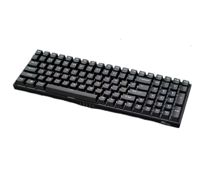 Full front view of the Royal Kludge RK100 mechanical keyboard in black with blue mechanical switches. This wireless keyboard features a clean, minimalist design with a full 100-key layout, ideal for both productivity and gaming without sacrificing desk space.