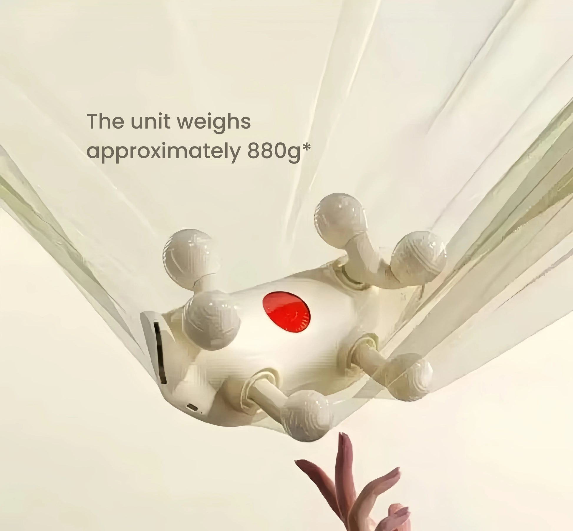 SKG H5 neck massager displayed floating above a flower, highlighting its lightweight build of approximately 880 grams—designed for comfortable, long-term wear without strain.