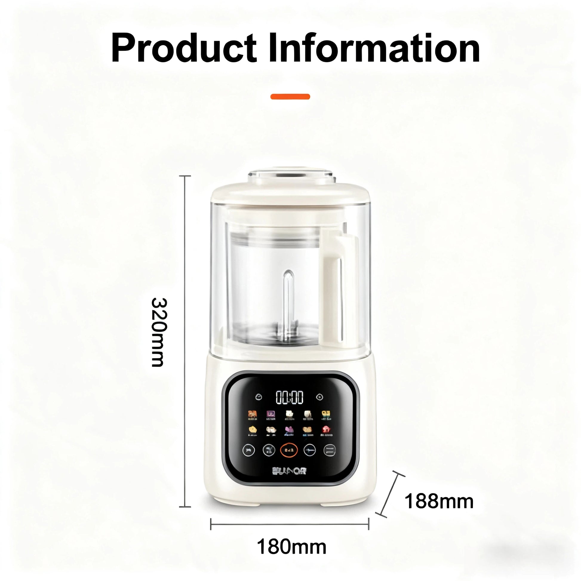 A clear product diagram of the SUPOR blender showing its precise dimensions: 320mm in height, 180mm in width, and 188mm in depth, showcasing its compact footprint.