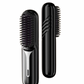 Black USB-C hair straightening comb shown alongside slimline travel case showing bristle side and back of compact comb
