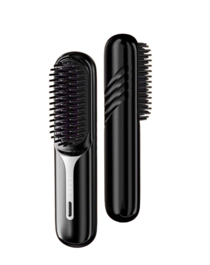 Black USB-C hair straightening comb shown alongside slimline travel case showing bristle side and back of compact comb