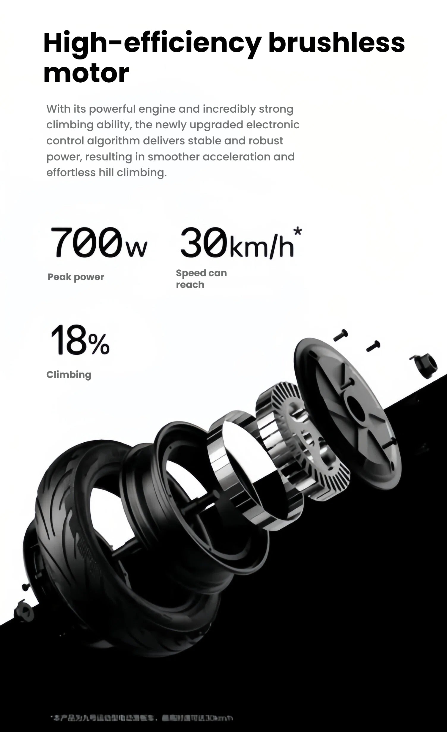 An exploded view of the Segway F2's high-efficiency brushless motor, detailing its 700W peak power, 30km/h speed capability, and 18% hill-climbing strength.