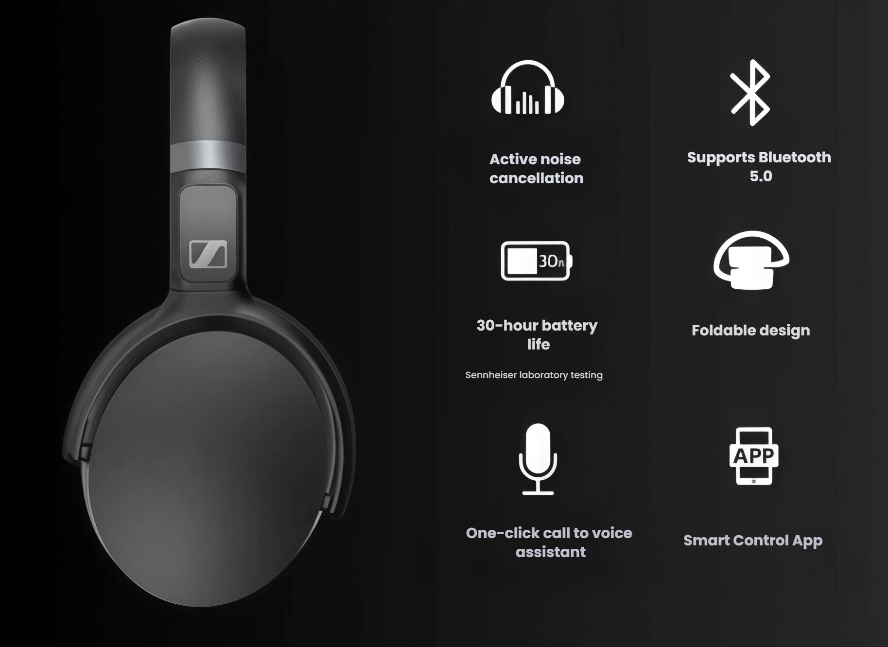Sennheiser HD 450BT feature highlights: active noise cancellation, Bluetooth 5.0, 30-hour battery life, foldable design, one-click voice assistant, and smart control app