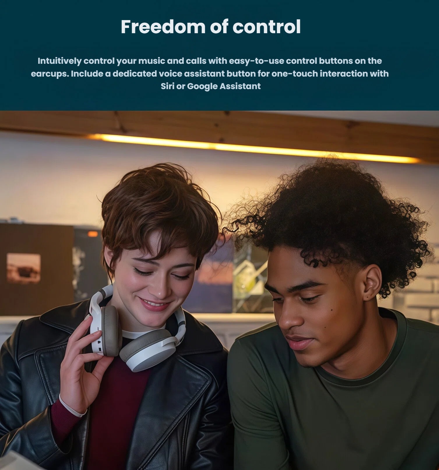 Two people using Sennheiser HD 450BT headphones with easy-to-use controls and dedicated voice assistant button for Siri or Google Assistant