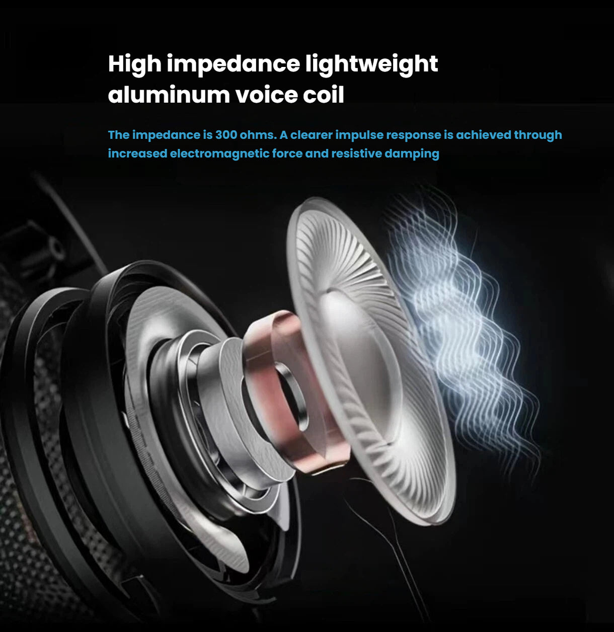 Detailed view of Sennheiser HD 660 S2 internal driver with high-impedance lightweight aluminum voice coil (300 ohms), enabling clearer impulse response and reduced distortion.