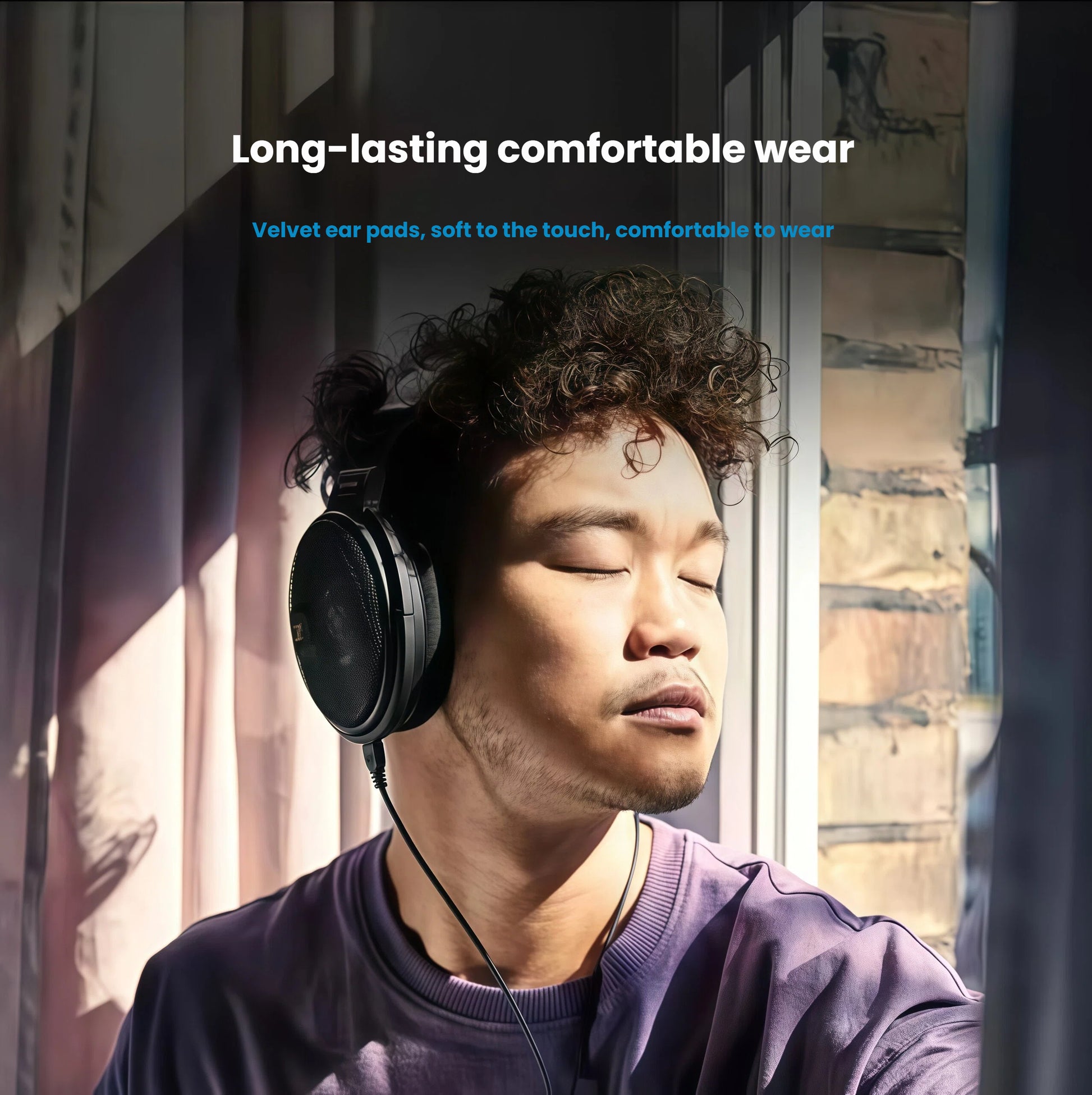 Man wearing Sennheiser HD 660 S2 headphones with closed eyes, enjoying music — showcasing long-lasting comfort from soft velvet ear pads and ergonomic design.
