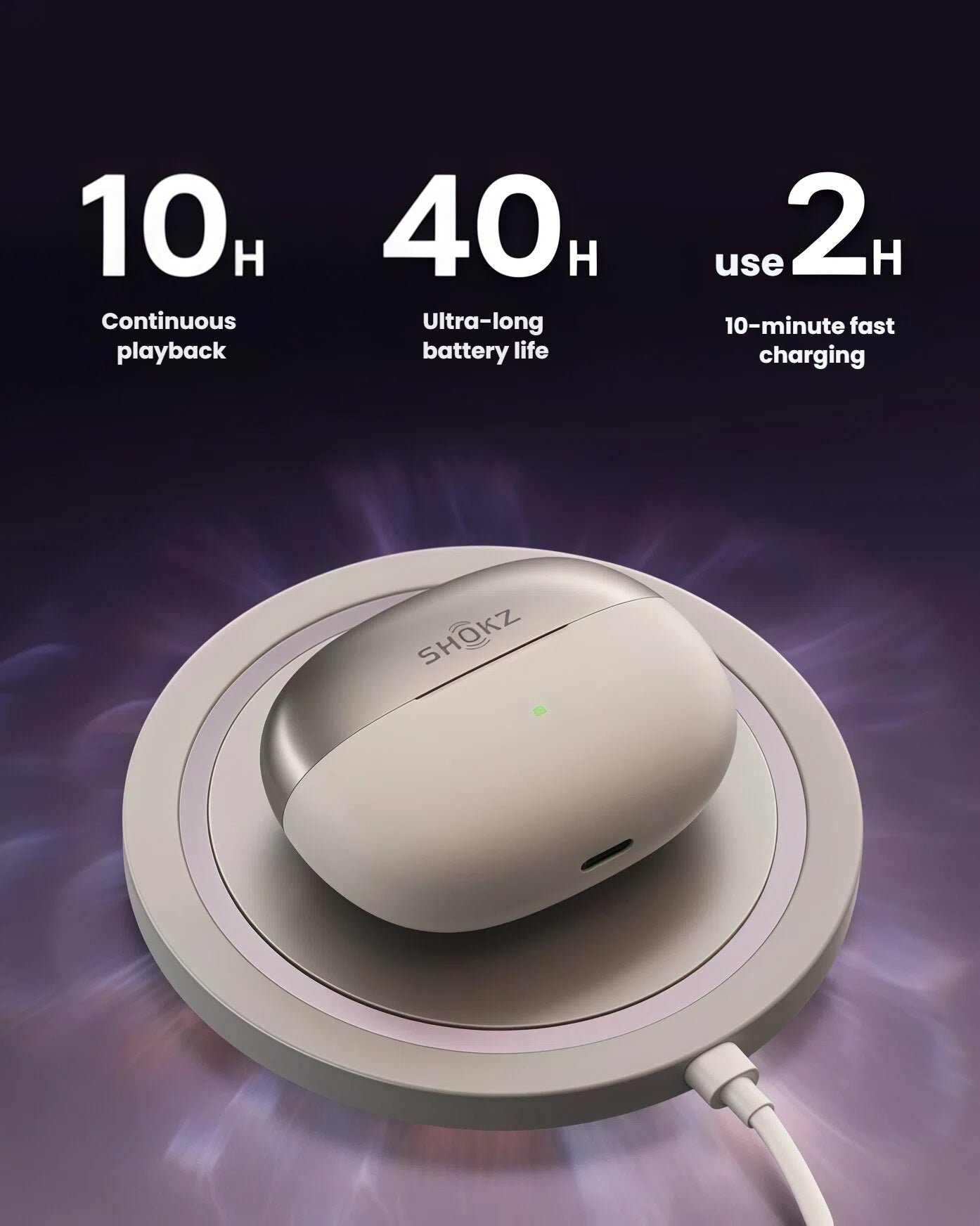 Shokz OpenDots One charging case on wireless charger — supports 10 hours of continuous playback, up to 40 hours total battery life, and 2 hours of use with just 10 minutes of fast charging.