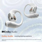 White Shokz OpenFit 2+ open-ear headphones paired with matching charging case — minimalist design, secure fit, and advanced audio technology for all-day comfort.