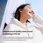 Smiling woman enjoying premium audio from Shokz OpenFit Air wireless earbuds, featuring high-amplitude, high-sensitivity driver unit for clear, detailed sound.