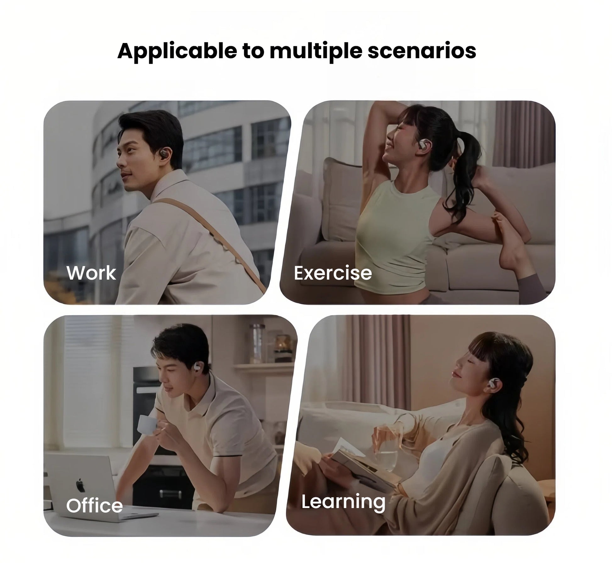 Shokz OpenFit Air open-ear headphones shown in multiple scenarios: work, exercise, office, and learning — ideal for active lifestyles and everyday use.