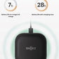Shokz OpenFit charging case showing 7-hour battery life per charge and up to 28 hours total with case, ideal for all-day use and travel.