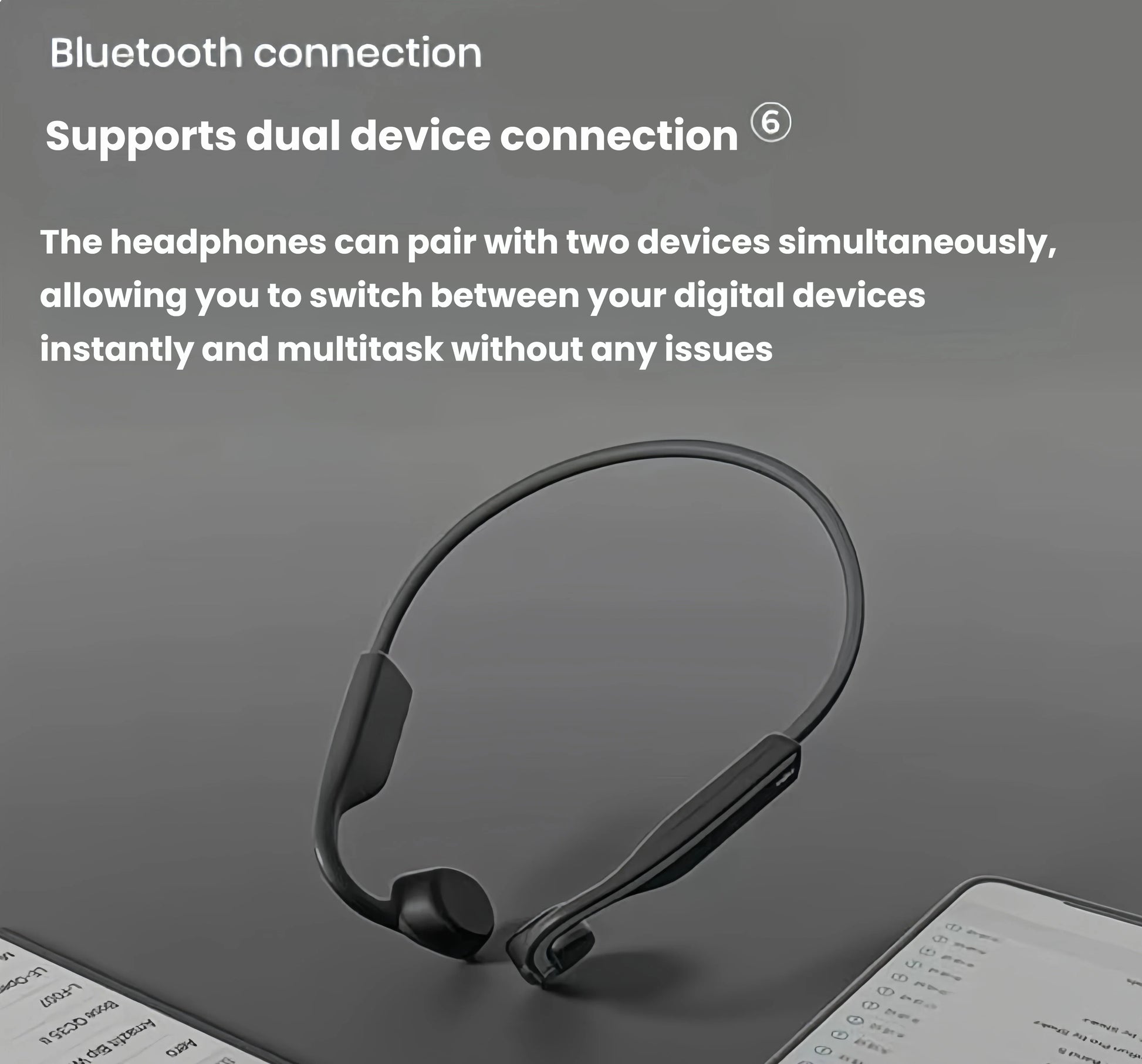 Shokz OpenMove open-ear headphones placed between two smartphones, showcasing dual device connection feature for switching between phone and tablet effortlessly.