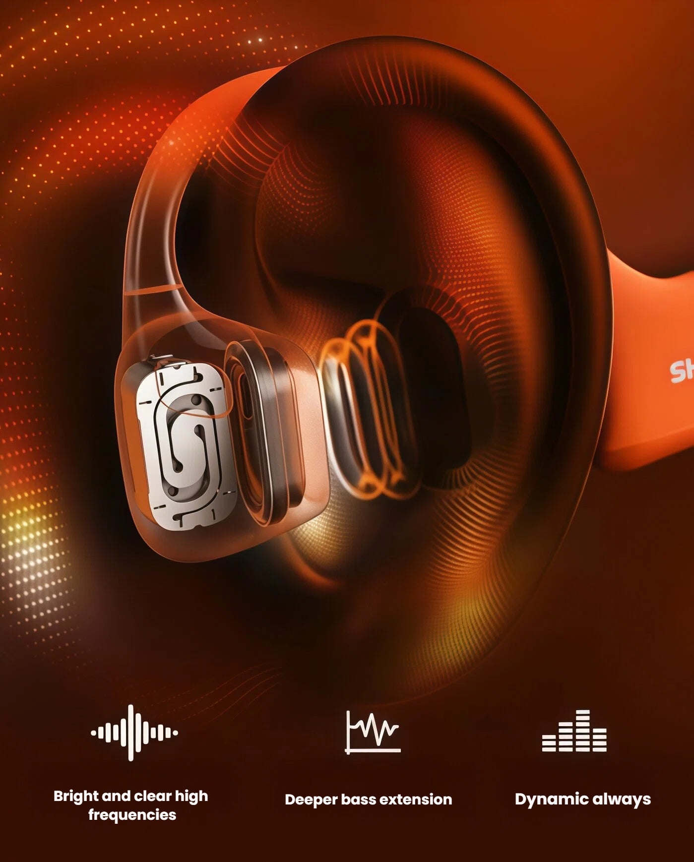 Internal view of Shokz OpenRun Pro 2 drivers showcasing bright high frequencies, deeper bass extension, and dynamic audio performance