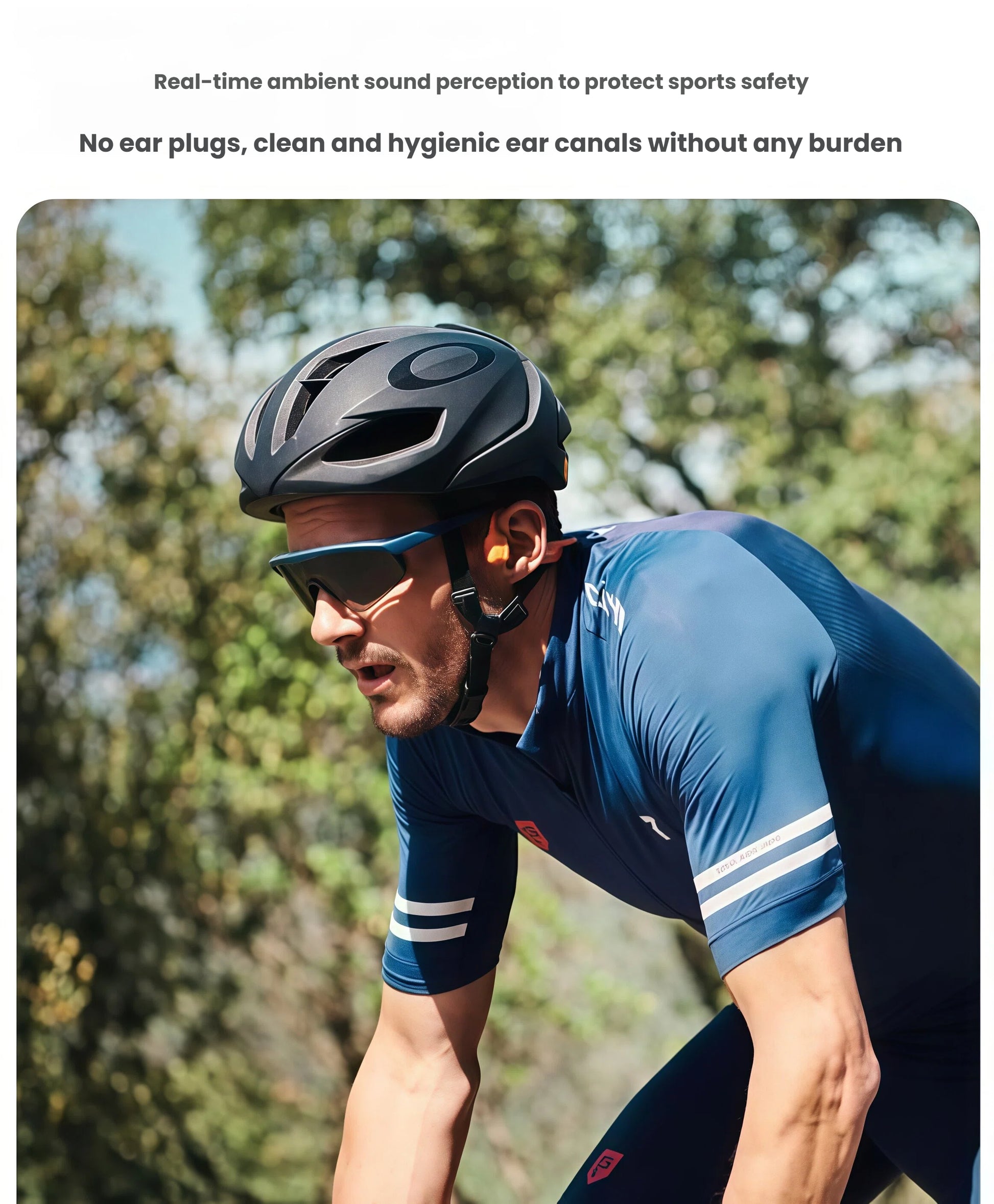 Man cycling outdoors wearing Shokz OpenRun Pro 2 bone conduction headphones with no earplugs, ensuring safety and hygiene during rides