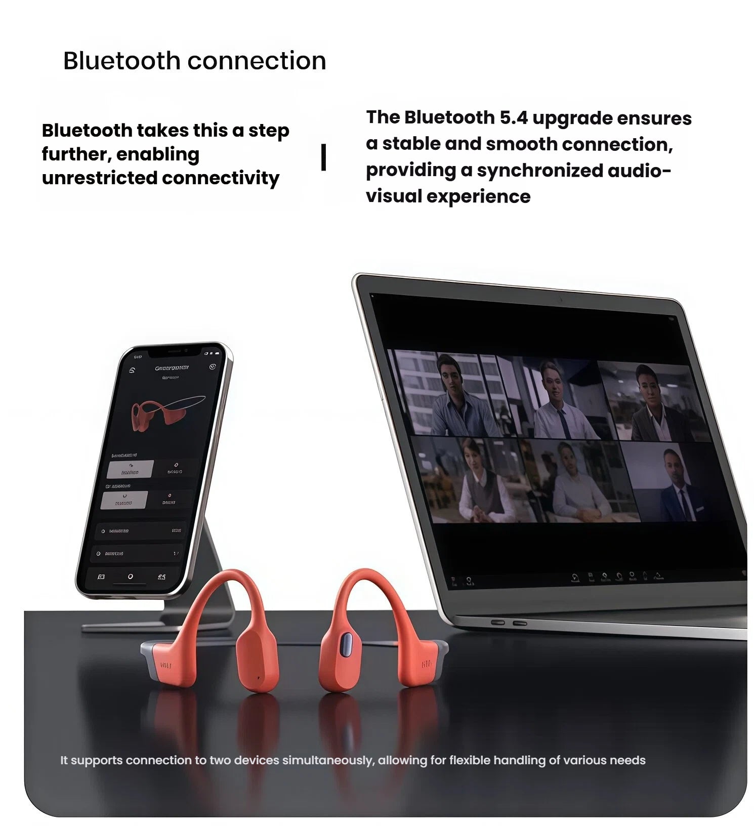 Shokz OpenSwim Pro connected via Bluetooth 5.4 to smartphone and laptop, supporting dual-device pairing for seamless audio experience
