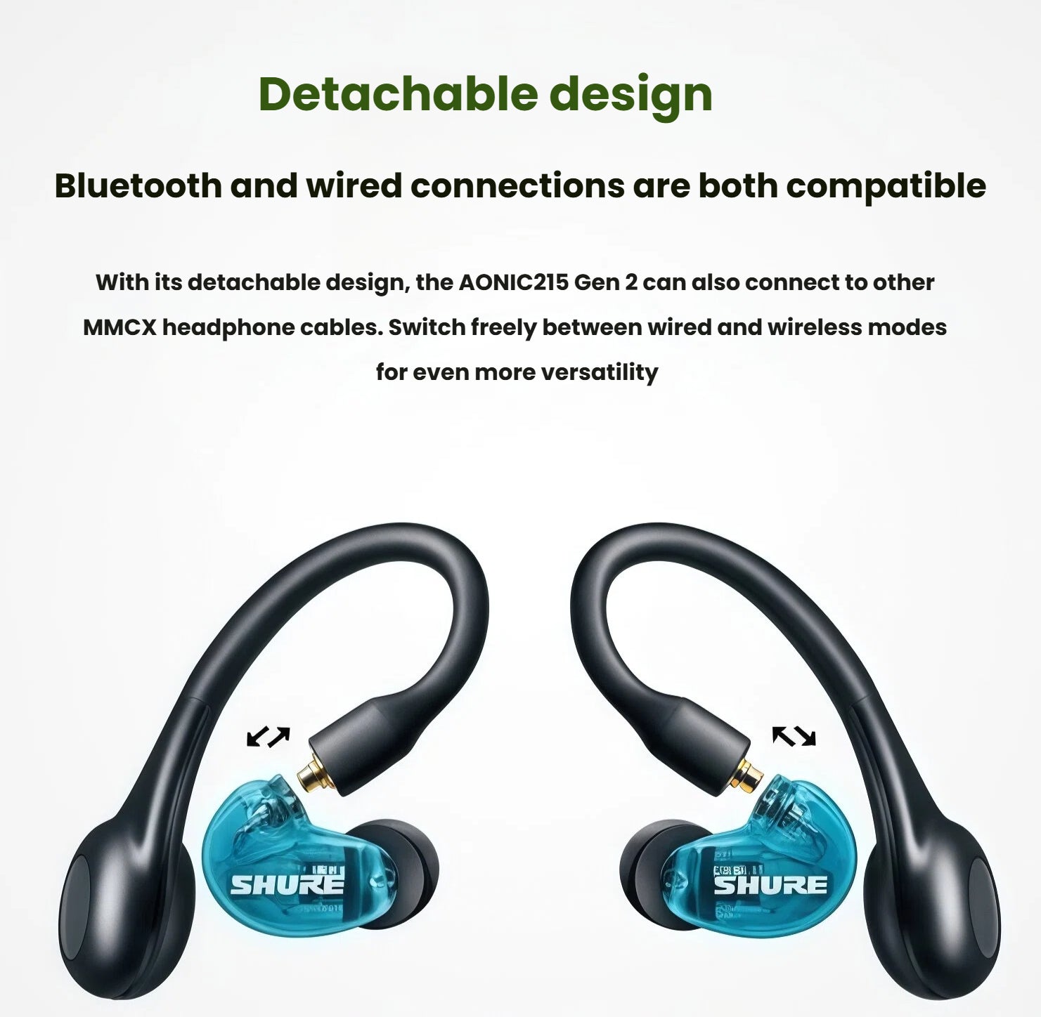 Shure AONIC 215 Gen 2 earbuds with detachable MMCX cable connection — switch freely between Bluetooth wireless and wired modes for maximum versatility.