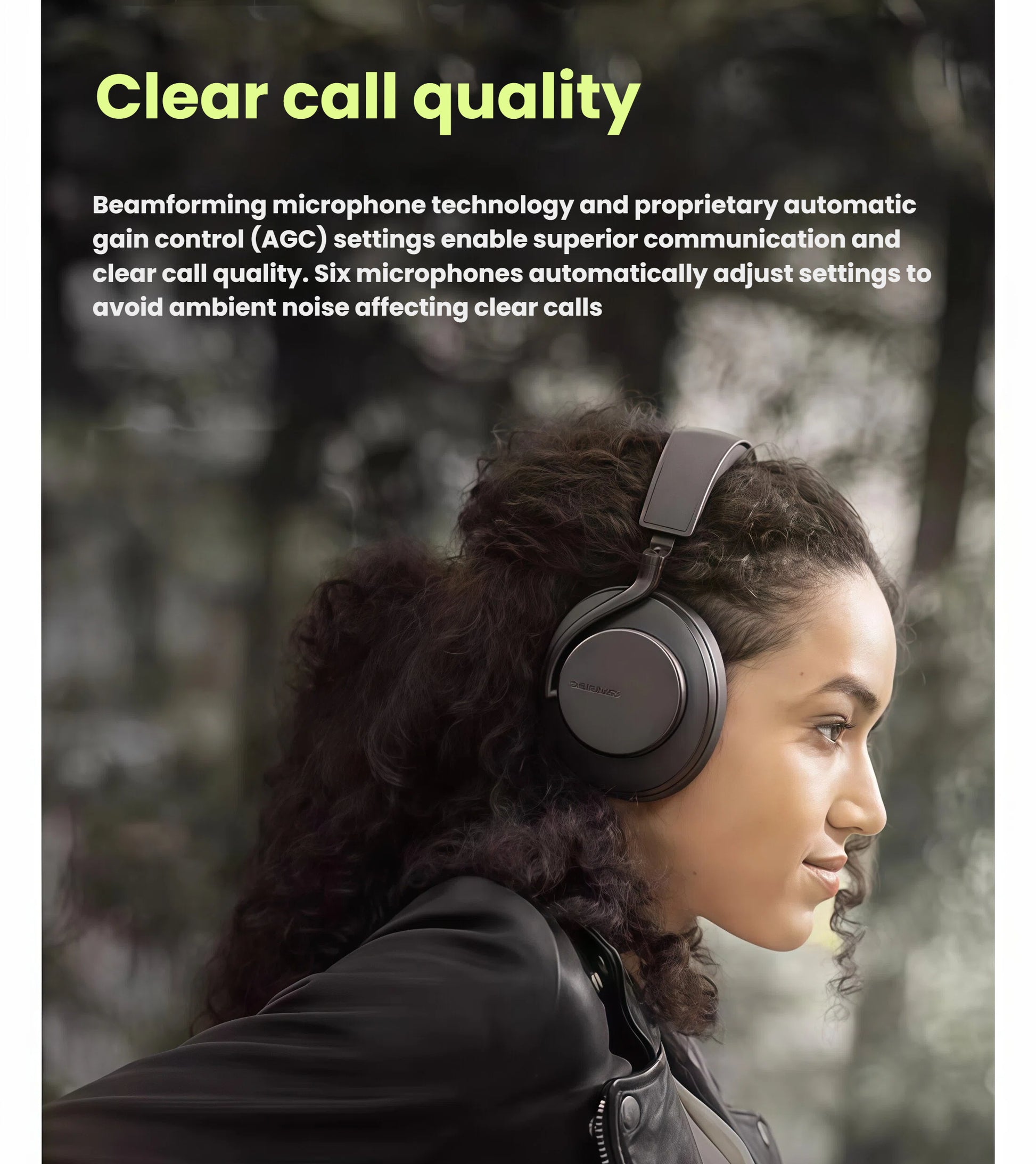Shure AONIC 50 Gen2 headphones featuring six microphones with beamforming and automatic gain control (AGC) for clear calls in noisy environments.
