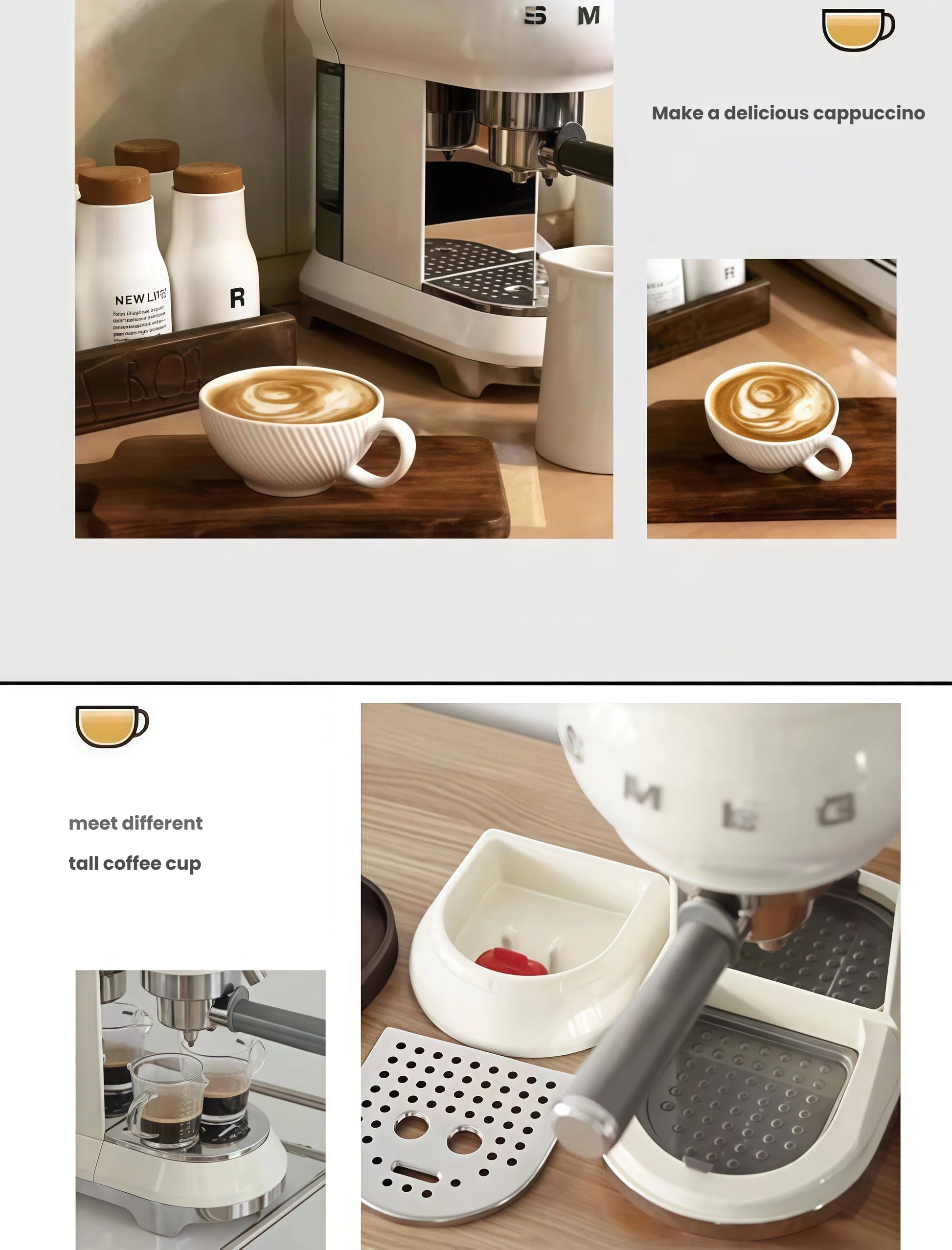 A collage showing the Smeg espresso machine's versatility: a perfectly made cappuccino with latte art, and a view of the removable drip tray which allows the machine to accommodate taller coffee cups and glasses.