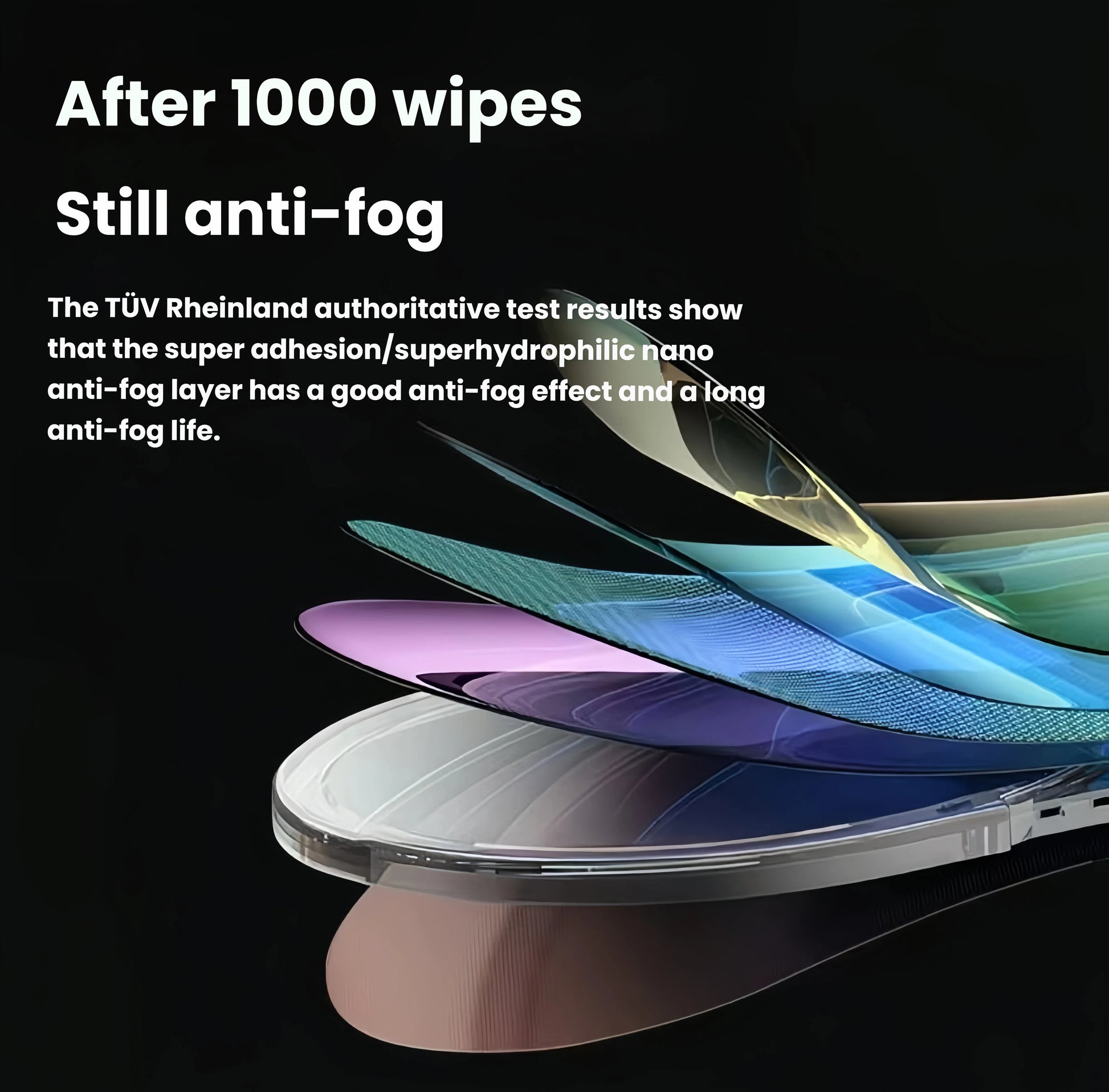 Holoswim 2 Pro swim goggles feature superhydrophilic nano anti-fog coating tested by TÜV Rheinland — remains fog-free after 1000 wipes with durable multi-layer lens structure.
