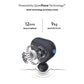 Exploded 3D render revealing Theragun Mini 2.0’s QuietForce motor, 12 mm amplitude and 9 kg stall force.