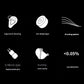 Icon-based feature overview of Topping ArpegEar Hane in-ear monitors highlighting ergonomic wearing, DLC diaphragm, 16 tuning options, replaceable 0.78mm 2-pin pins, 3D-printed resin cavity, and low distortion (<0.05%).